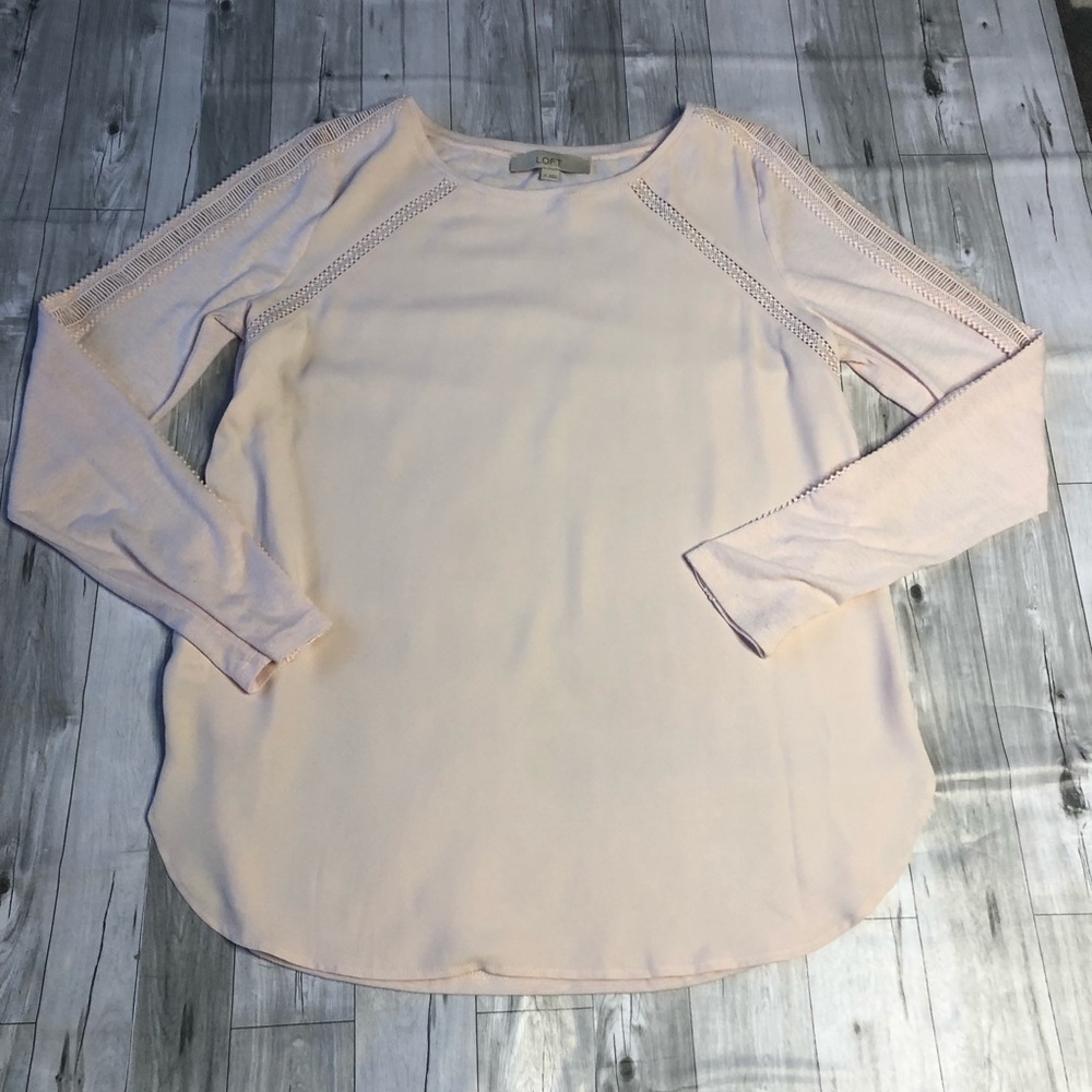 Loft Blouse Womens Medium Long Sleeve Open Shoulder work Silk Feel Front Pink